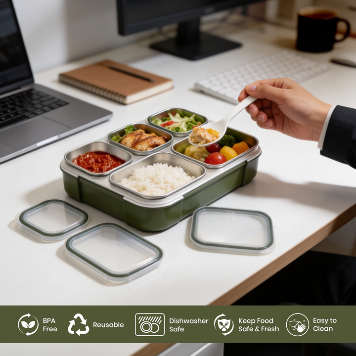 Premium Stainless Steel Insulated Bento Lunch Box for Kids & Adults, 1000ml Leakproof 5-Compartment Divided Lunch Container with Lid, Tableware & Carry Bag, BPA-Free & Dishwasher Safe - (Green)