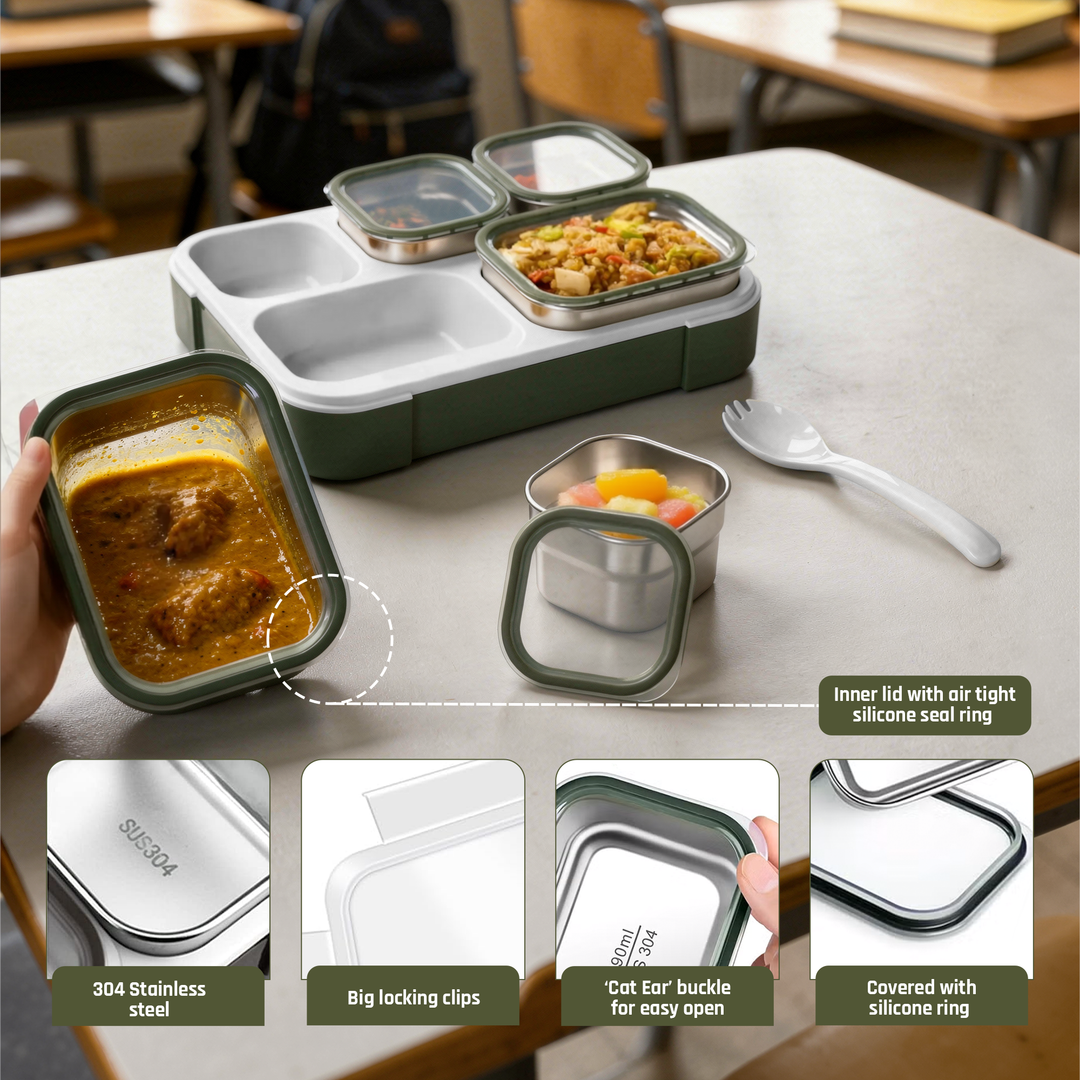 Premium Stainless Steel Insulated Bento Lunch Box for Kids & Adults, 1000ml Leakproof 5-Compartment Divided Lunch Container with Lid, Tableware & Carry Bag, BPA-Free & Dishwasher Safe - (Green)