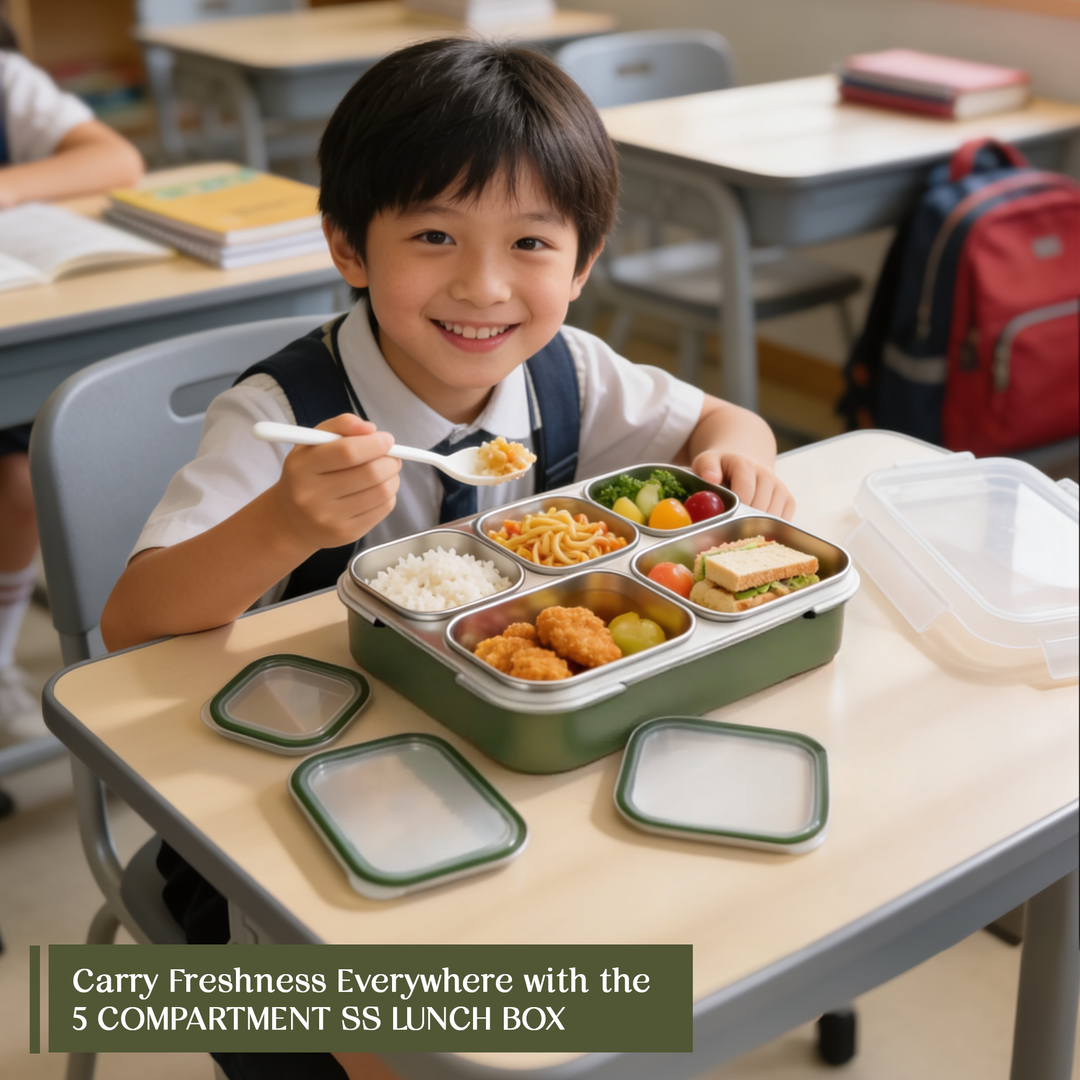 Premium Stainless Steel Insulated Bento Lunch Box for Kids & Adults, 1000ml Leakproof 5-Compartment Divided Lunch Container with Lid, Tableware & Carry Bag, BPA-Free & Dishwasher Safe - (Green)
