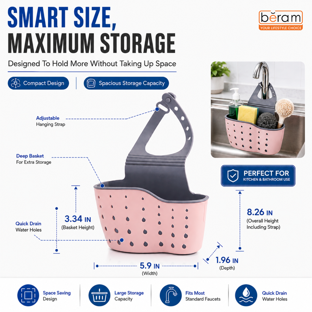 BERAM Kitchen Sink Organizer Sponge Holder Storage Basket Soap Sponge Drain Rack Holder for Sponges Soaps and Cleaning Brushes Sink Accessories