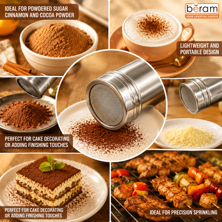 BERAM Sugar Shakers Stainless Steel Powder Shakers 3 Piece Set Seasoning Canisters with Lids Dry Food Storage Containers Cake Flour Sieve Dry Ingredients Sprinkler Kitchen Essentials