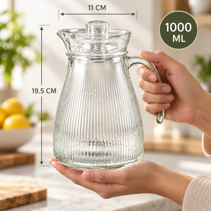 7 Piece Glass Drink Set with Pitcher and 6 Glasses, 11 OZ Drinking Tumblers, Clear Textured Glass Water Juice Beverage Serving Set with Lid, Dishwasher Safe for Home Dining Parties