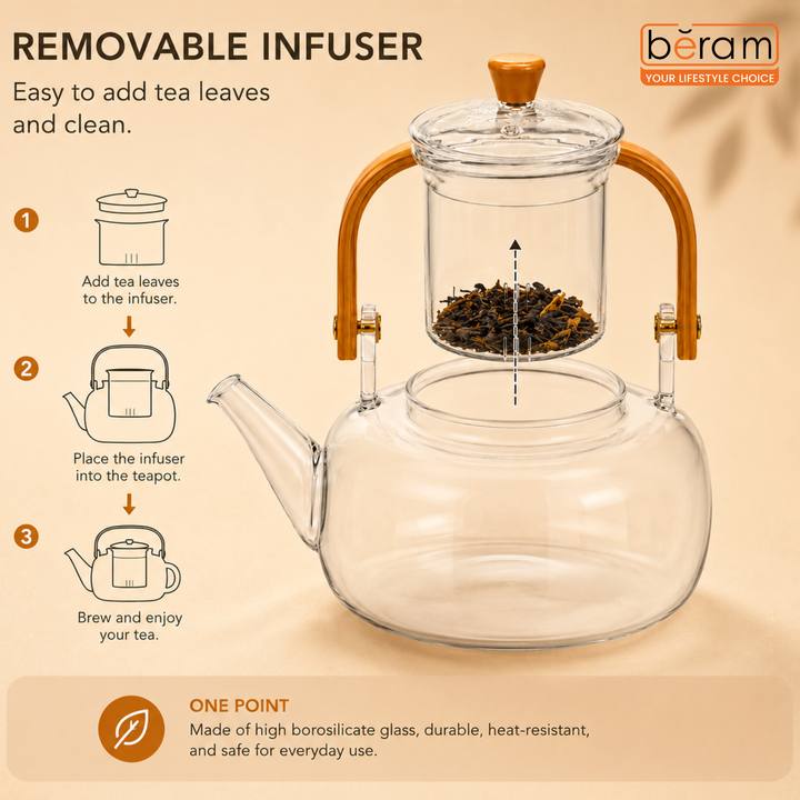 BERAM Glass Teapot with Removable Stainless Steel Infuser,900ml Borosilicate Clear Tea Kettle with Top Handle, Stovetop Safe Handcrafted Loose Leaf Tea Maker & Tea Brewer