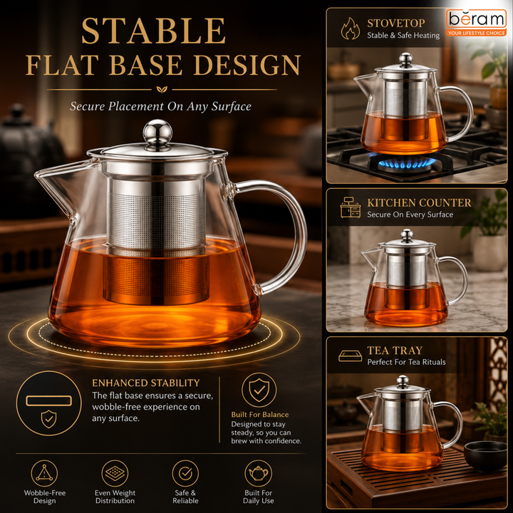 BERAM Glass Teapot with Removable 18/8 Stainless Steel Infuser – 450ml Flat Base Borosilicate Glass Tea Kettle, Stovetop Safe, Handcrafted Loose Leaf Tea Maker for Home or Office