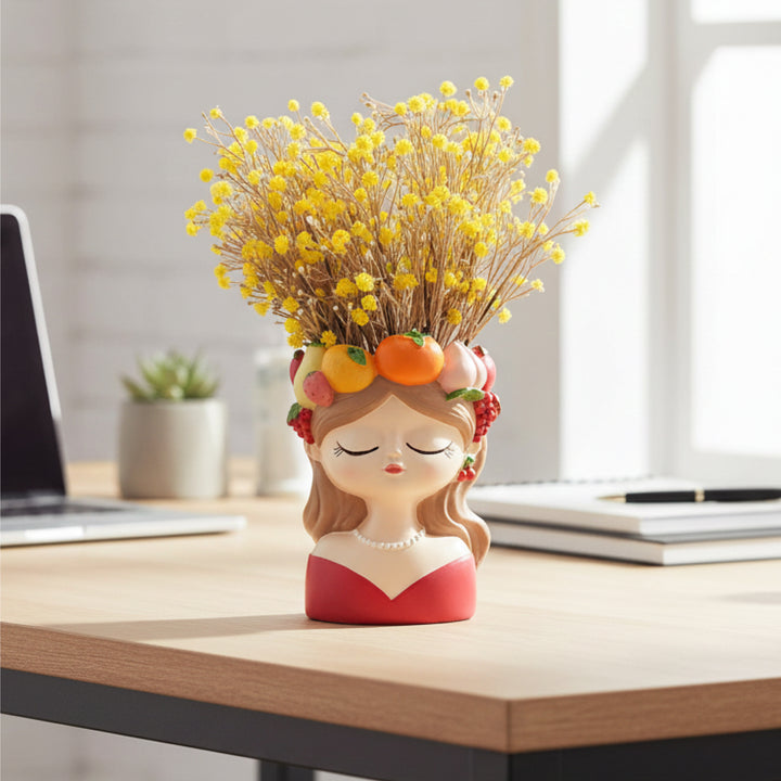 Fancy Girl with Fruit Crown Flower Pot 4 Pcs Set Red Green Pink Yellow Polyresin Decorative Planters for Succulents Indoor Outdoor Home Office Desk Décor Pen Pencil Holder Propagator Kit