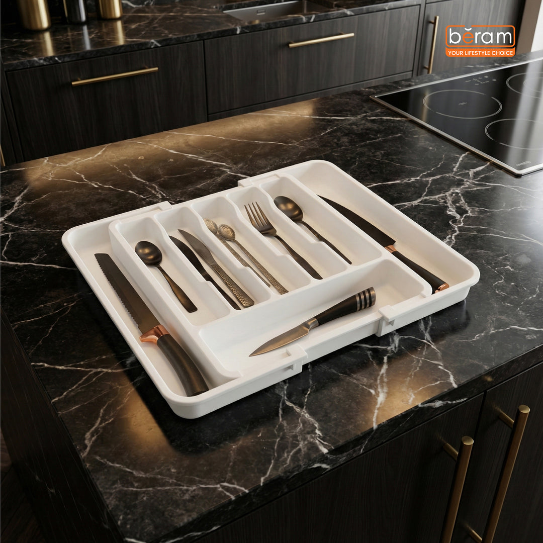 Beram Expandable Kitchen Drawer Organizer Tray – 33×37.5×5 cm BPA-Free PP Cutlery Holder for Spoons Forks Knives & Utensils Adjustable Silverware Divider Storage Box for Kitchen Drawers