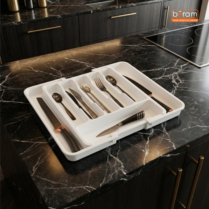 Beram Expandable Kitchen Drawer Organizer Tray – 33×37.5×5 cm BPA-Free PP Cutlery Holder for Spoons Forks Knives & Utensils Adjustable Silverware Divider Storage Box for Kitchen Drawers