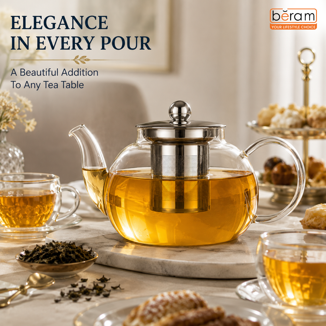 BERAM Glass Teapot with Infuser – 600ml Borosilicate Clear Tea Kettle with Removable 18/8 Stainless Steel Infuser, Stovetop Safe, Handcrafted Loose Leaf Tea Maker for Home or Office