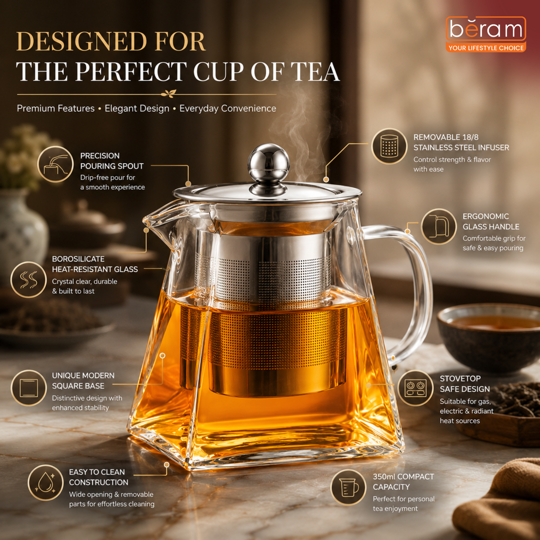 BERAM Glass Teapot with Removable 18/8 Stainless Steel Infuser – 350ml Square Base Borosilicate Glass Tea Kettle, Stovetop Safe, Handcrafted Loose Leaf Tea Maker for Home or Office