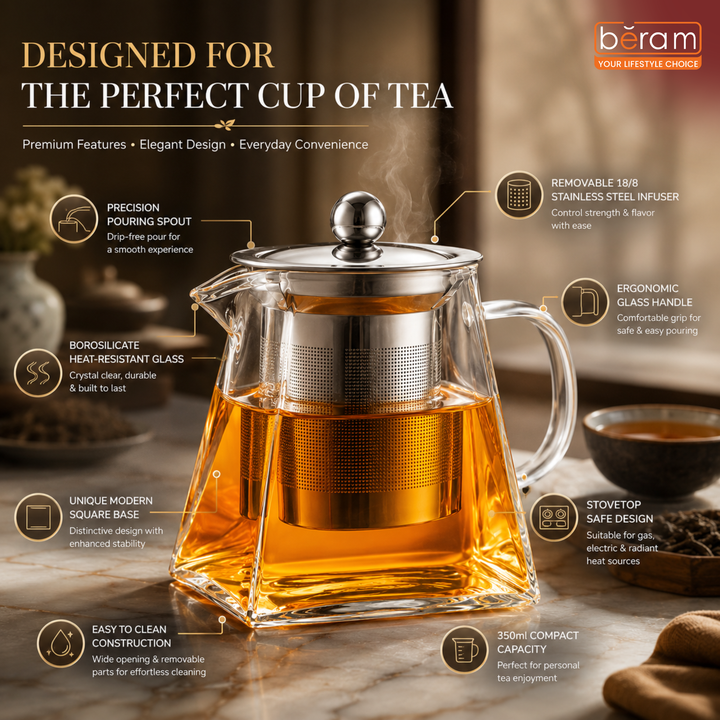 BERAM Glass Teapot with Removable 18/8 Stainless Steel Infuser – 350ml Square Base Borosilicate Glass Tea Kettle, Stovetop Safe, Handcrafted Loose Leaf Tea Maker for Home or Office