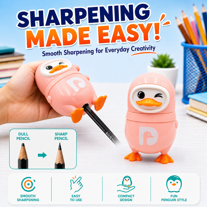 Penguin Pencil Sharpener with Eraser, 2-in-1 Cute Penguin-Shaped Pencil Sharpener, Built-In Pencil Shavings Container, Compact Stationery Sharpener for Students, School, Office & Drawing