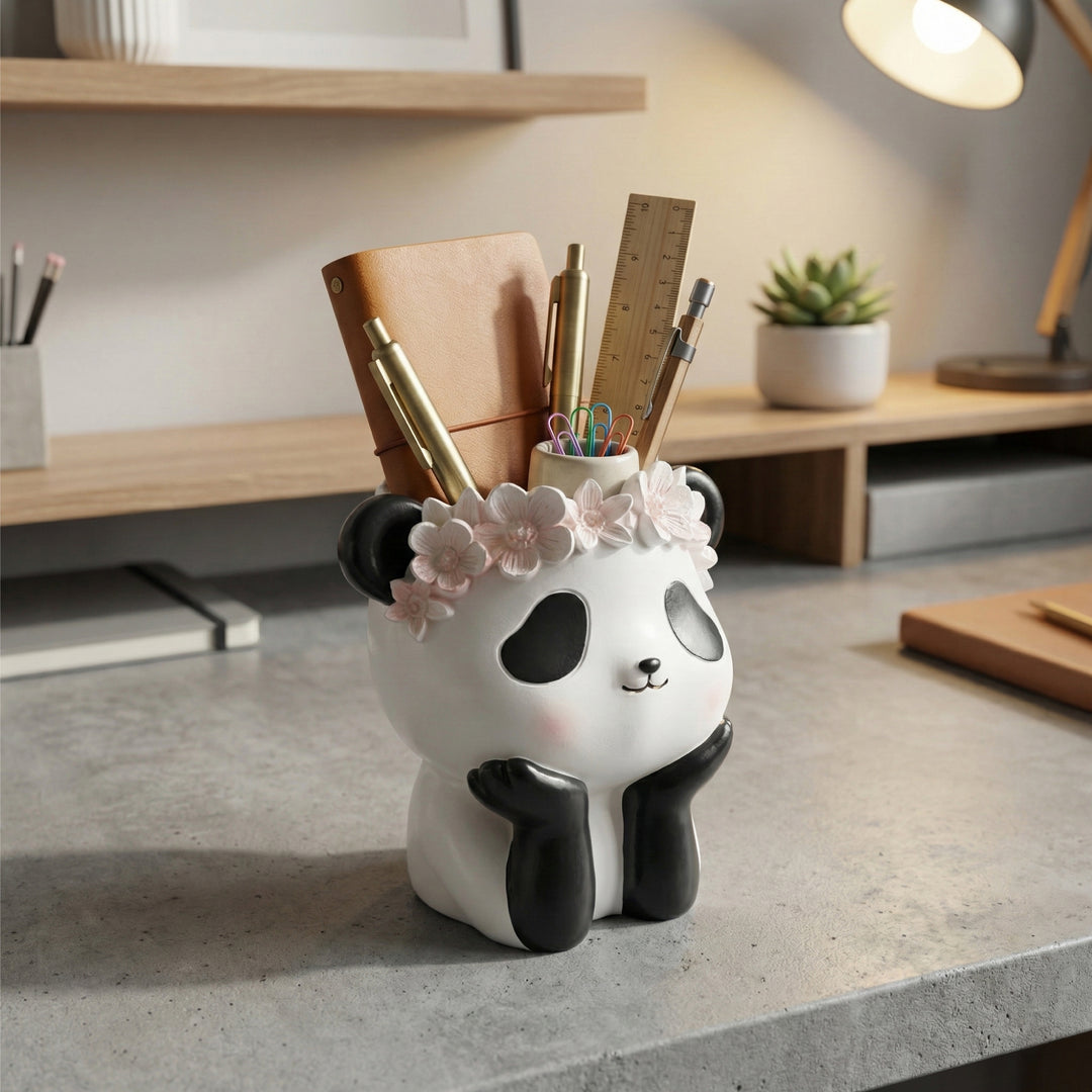 Fantasy 2PCS Flower Pot Set Kitty and Panda Polyresin Cute Animal Succulent Planters with Flower Crown Decorative Mini Vase Indoor Outdoor Home Office Desk Decor Pen Pencil Holder Propagator Kit
