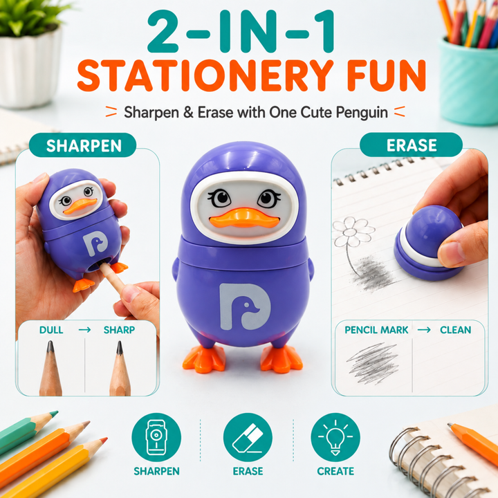 Penguin Pencil Sharpener with Eraser, 2-in-1 Cute Penguin-Shaped Pencil Sharpener, Built-In Pencil Shavings Container, Compact Stationery Sharpener for Students, School, Office & Drawing