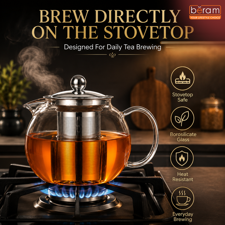 BERAM Glass Teapot with Removable Stainless Steel Infuser, 650ml Trunkless Borosilicate Tea Kettle, Stovetop Safe Handcrafted Clear Teapot for Loose Leaf Tea, Herbal & Blooming Tea