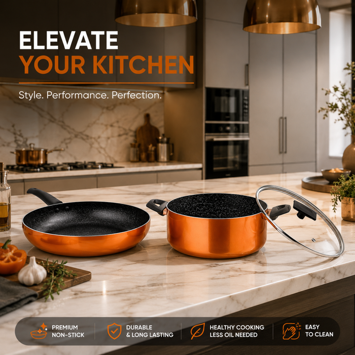 3-Piece Ultra Pressed Aluminium Non-Stick Induction Bottom Cookware Set – 28cm Fry Pan & 26cm Casserole with Lid, Rust Orange Finish, Even Heat Distribution