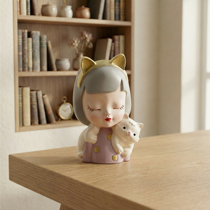 Charming Figurine Set Green Pink Grey Polyresin Decorative Flower Vase Cute Girl Succulent Pot Modern Indoor Home Office Table Decor Propagator Kit Gift Set