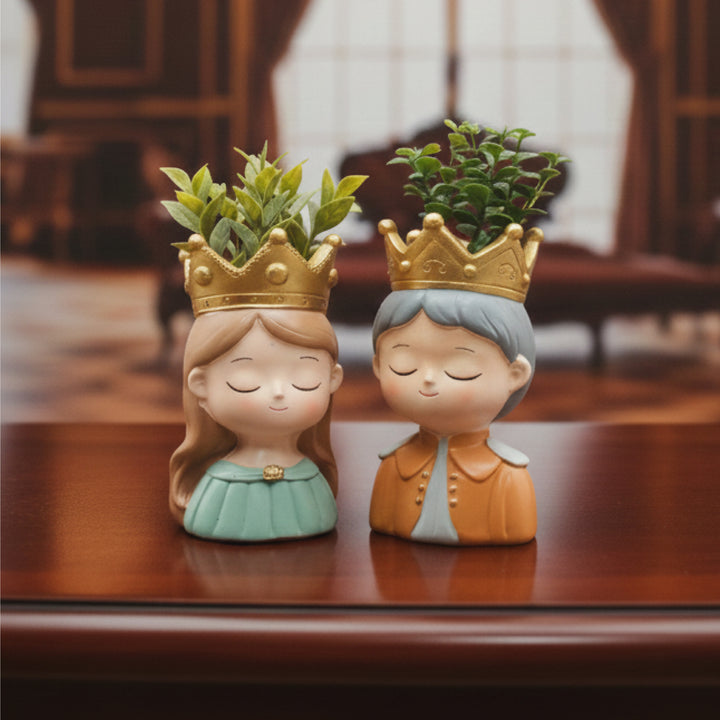 King and Queen Planter Set Polyresin Decorative Flower Vase Royal Couple Succulent Pot Cute Crown Design Indoor Outdoor Home Office Decor Pen Pencil Holder Gift