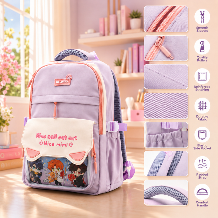 Mimi Meow School Backpack, Cute Cat Water-Resistant Student Backpack with Front Pocket, Lightweight Large Capacity School Bag with Side Bottle Pockets for School & Travel