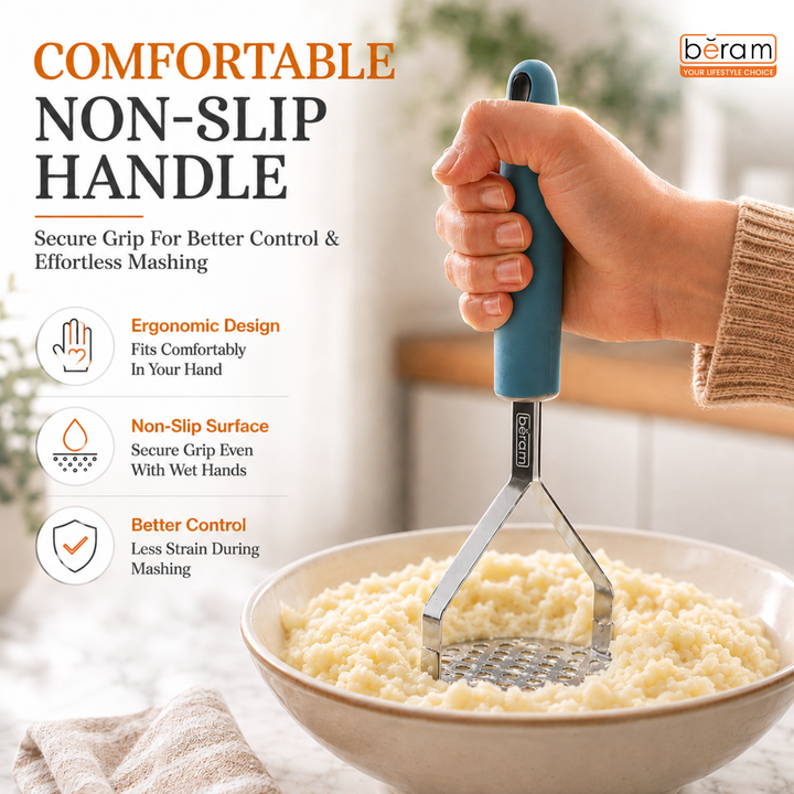 BERAM Potato Masher, Ricer for Vegetables, Stainless Steel with Comfortable Handle, Lump Free Tool, Perfect For Mashing Potatoes, Apples, Beans, Peas, and More, Heavy Duty Kitchen Tool