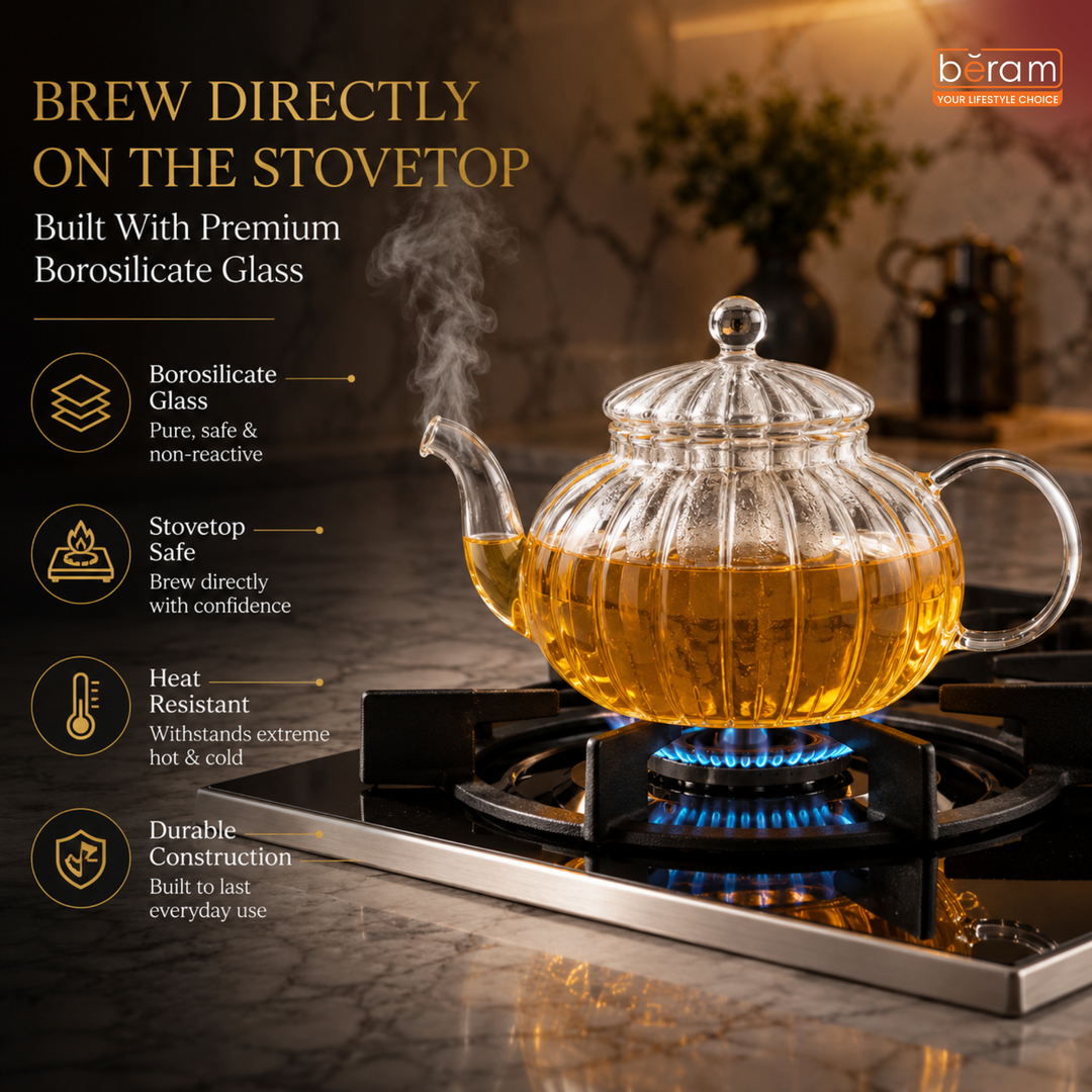 BERAM Glass Teapot with Removable Glass Infuser, 600ml Full Glass Borosilicate Tea Kettle, Handcrafted Clear Teapot, Stovetop Safe Loose Leaf Tea Maker & Blooming Tea Brewer