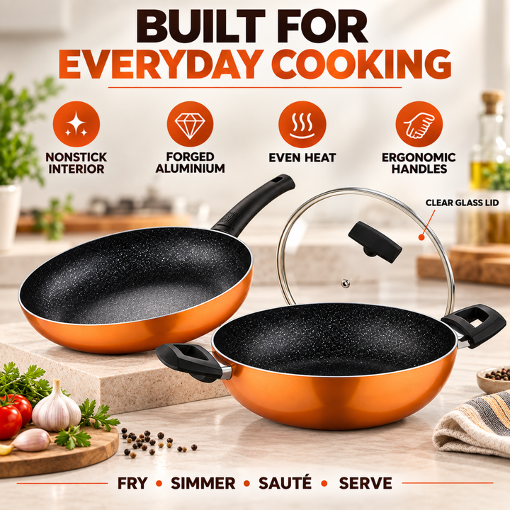 3-Piece Colored Cookware Set with Glass Lids – Premium Stainless Steel & Forged Aluminium, Non-Stick Coating, Ergonomic Bakelite Handles, Even Heat Distribution, Durable & Rust-Resistant Kitchen Pots