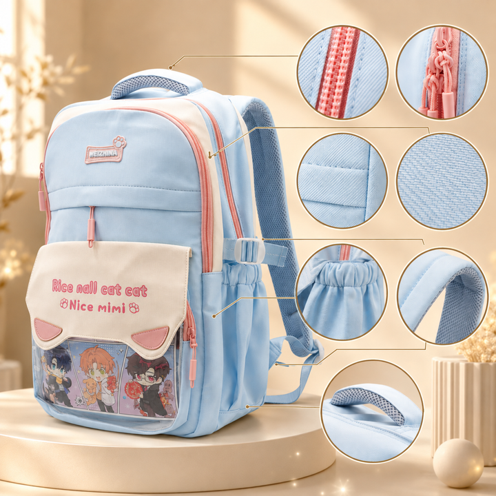 Mimi Meow School Backpack, Cute Cat Water-Resistant Student Backpack with Front Pocket, Lightweight Large Capacity School Bag with Side Bottle Pockets for School & Travel