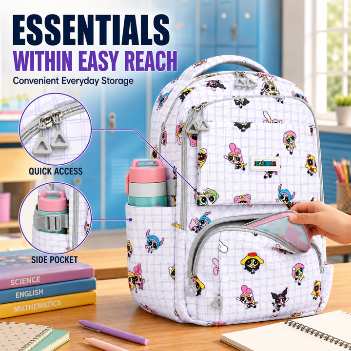 Powerpals School Bag, Lightweight Backpack with Multiple Compartments, Front Utility Pocket, Side Bottle Pockets & Adjustable Shoulder Straps