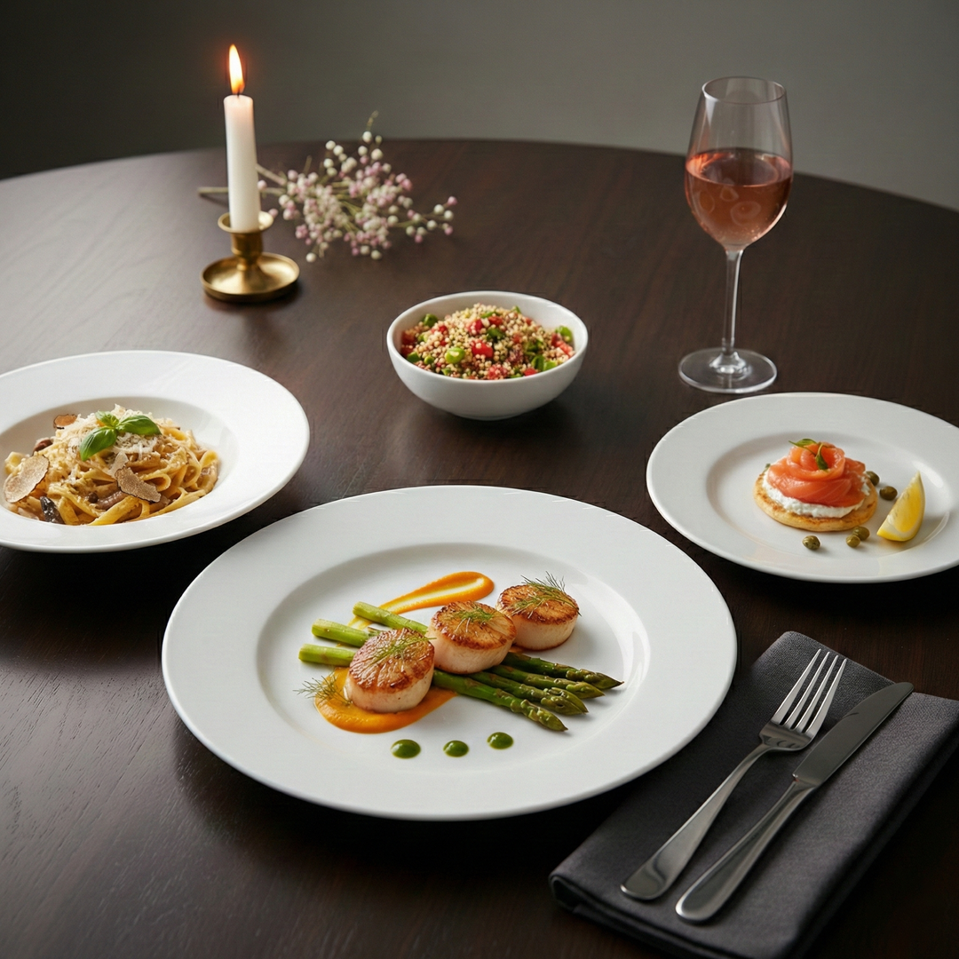 Luminarc White 4 PCS Ceramic Dinner Set  Soup Plate 22cm Dinner Plate 24cm Dessert Plate 19cm Bowl 9.5cm Tableware Set for Home & Restaurant