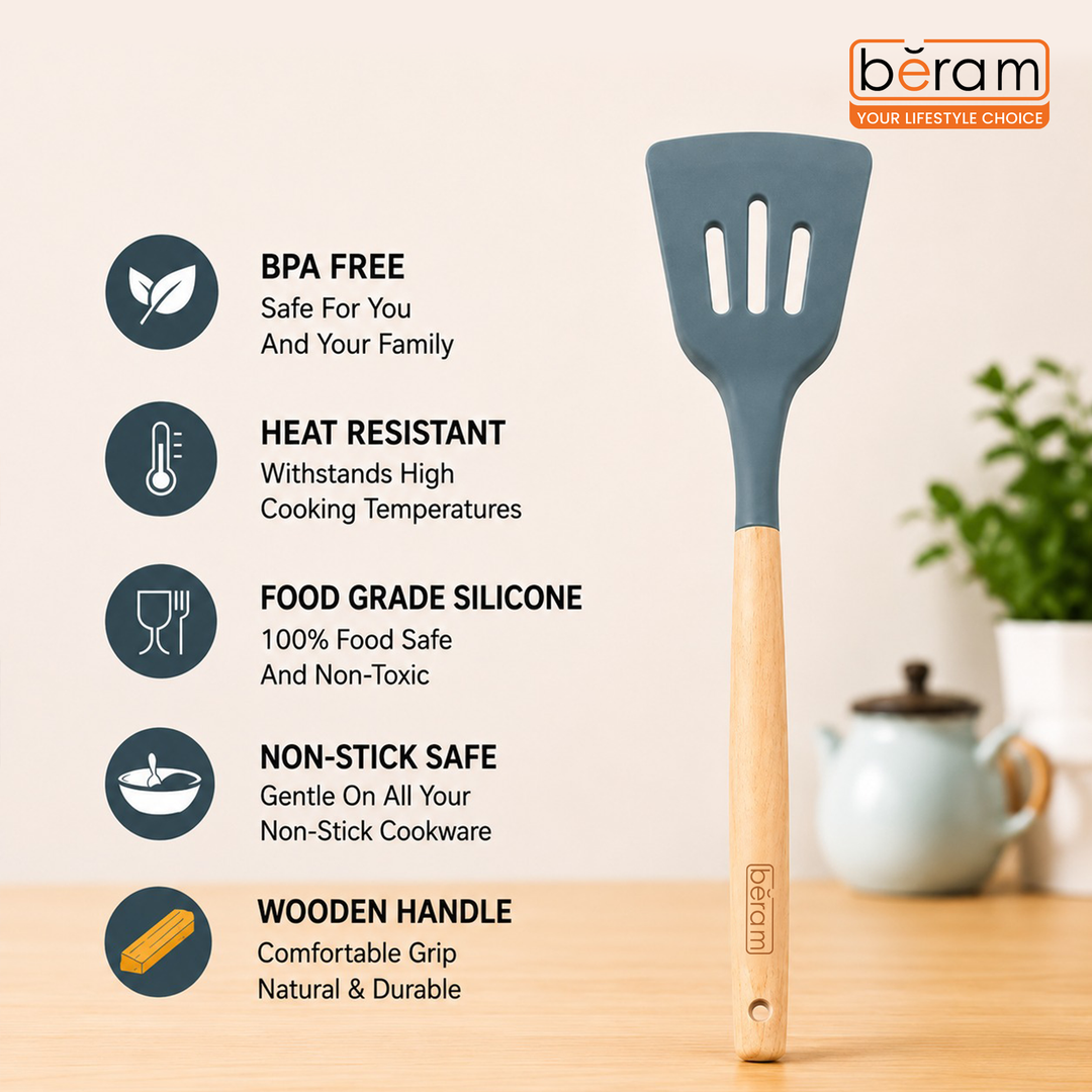 Beram 11Pcs Silicone Cooking Utensil Set with Wooden Handles Heat Resistant BPA Free Non-Stick Kitchen Tools Set for Cooking Baking Stirring Serving and Mixing-Grey (11 Pcs Set)