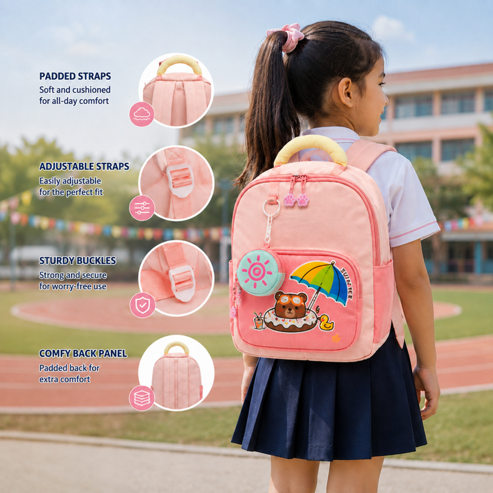 Summer Bear School Backpack for Daily Use, Spacious Multi-Compartment School Bag with Front Zipper Pocket, 2 Side Bottle Pockets, Top Handle, Lightweight Design & Stylish Bear Print