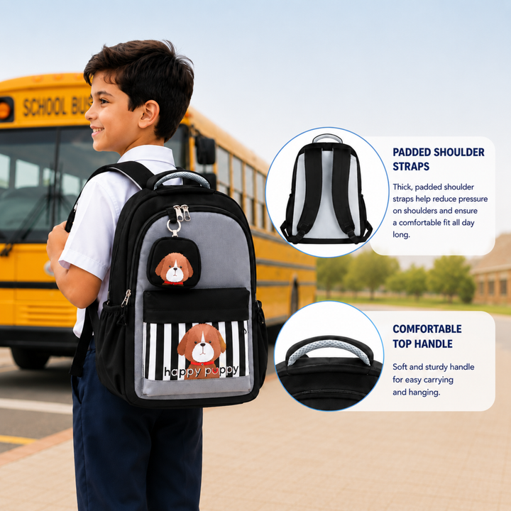 Puppy School Bag, Lightweight Backpack with Multiple Compartments, Front Utility Pocket, Side Bottle Pockets & Adjustable Padded Shoulder Straps