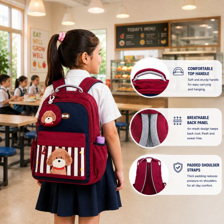 Puppy School Bag, Lightweight Backpack with Multiple Compartments, Front Utility Pocket, Side Bottle Pockets & Adjustable Padded Shoulder Straps