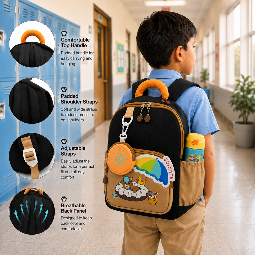 Summer Bear School Backpack for Daily Use, Spacious Multi-Compartment School Bag with Front Zipper Pocket, 2 Side Bottle Pockets, Top Handle, Lightweight Design & Stylish Bear Print