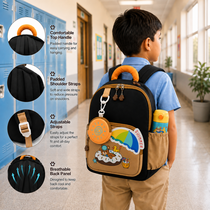 Summer Bear School Backpack for Daily Use, Spacious Multi-Compartment School Bag with Front Zipper Pocket, 2 Side Bottle Pockets, Top Handle, Lightweight Design & Stylish Bear Print