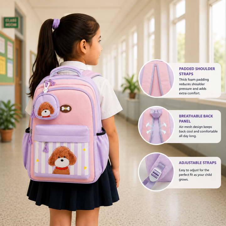 Puppy School Bag, Lightweight Backpack with Multiple Compartments, Front Utility Pocket, Side Bottle Pockets & Adjustable Padded Shoulder Straps