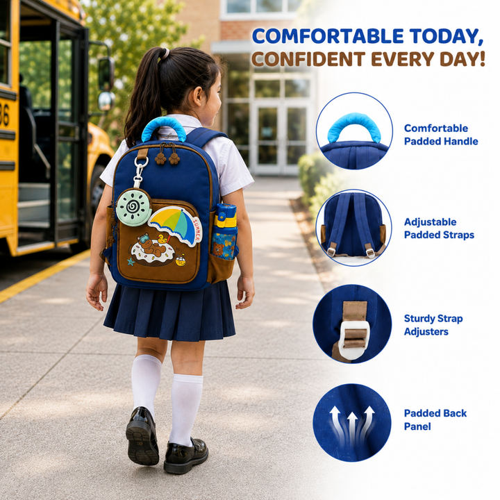 Summer Bear School Backpack for Daily Use, Spacious Multi-Compartment School Bag with Front Zipper Pocket, 2 Side Bottle Pockets, Top Handle, Lightweight Design & Stylish Bear Print
