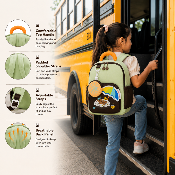 Summer Bear School Backpack for Daily Use, Spacious Multi-Compartment School Bag with Front Zipper Pocket, 2 Side Bottle Pockets, Top Handle, Lightweight Design & Stylish Bear Print
