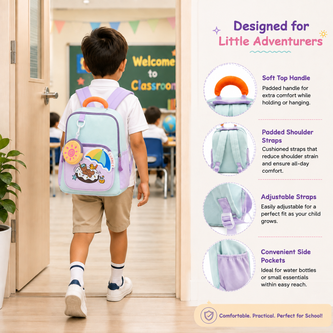 Summer Bear School Backpack for Daily Use, Spacious Multi-Compartment School Bag with Front Zipper Pocket, 2 Side Bottle Pockets, Top Handle, Lightweight Design & Stylish Bear Print