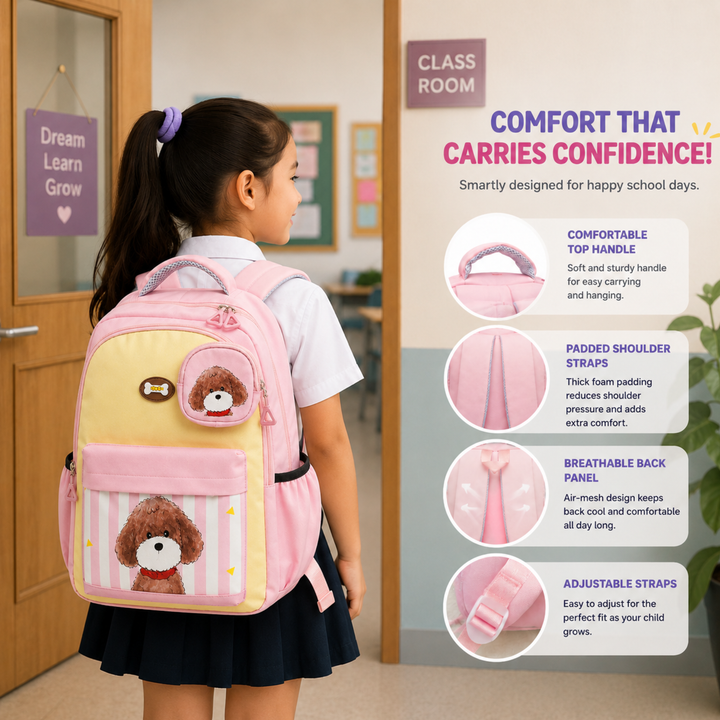 Puppy School Bag, Lightweight Backpack with Multiple Compartments, Front Utility Pocket, Side Bottle Pockets & Adjustable Padded Shoulder Straps
