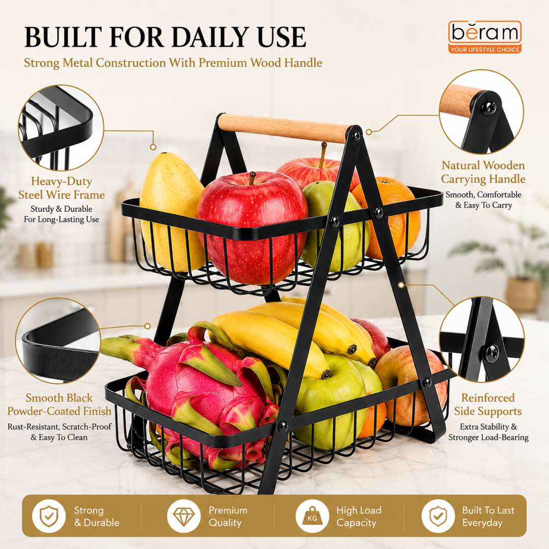 Beram Fruit Basket for Kitchen Counter Metal Wire Fruit Bowl & Vegetable Storage Organizer Rustic Countertop Fruit Holder with Handle for Kitchen, Dining & Pantry