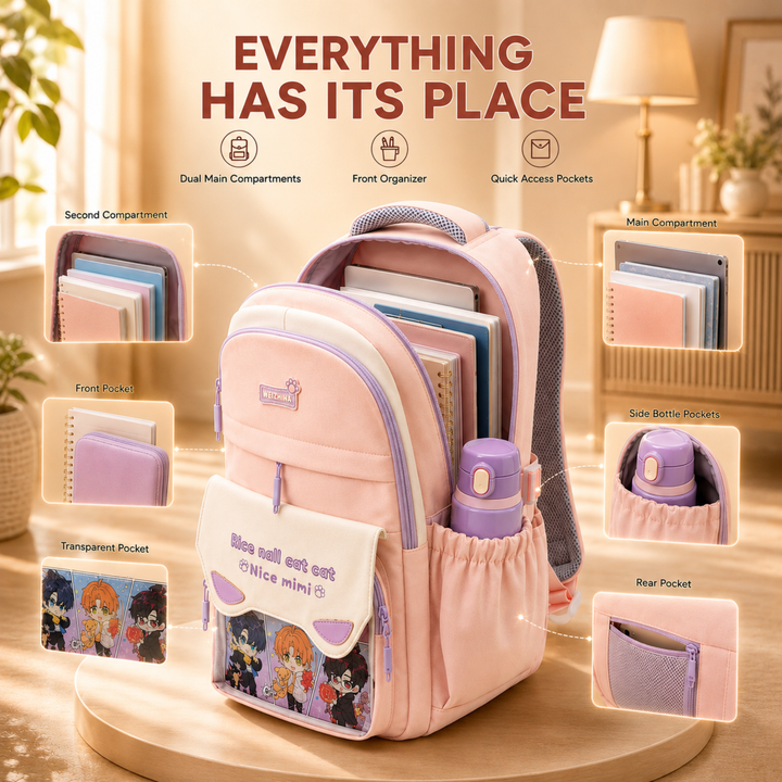 Mimi Meow School Backpack, Cute Cat Water-Resistant Student Backpack with Front Pocket, Lightweight Large Capacity School Bag with Side Bottle Pockets for School & Travel