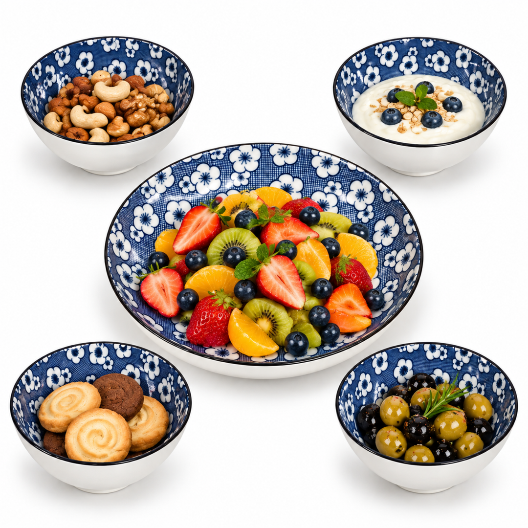 5-Piece Blue & White Ceramic Serving Bowl Set with Large Plate, Floral Pattern, 4 Individual Bowls for Snacks, Desserts, Salads & Side Dishes