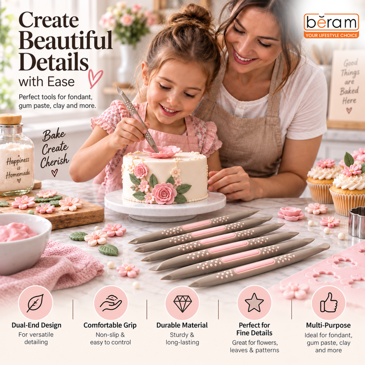 BERAM Fondant Tool Kit 6 Piece Cake Decorating Tools Set Engraving Pens & Needles Food-Grade Plastic Shaping & Molding Tools for DIY Cake Design Fondant & Sugar Craft Detailing Baking Accessories