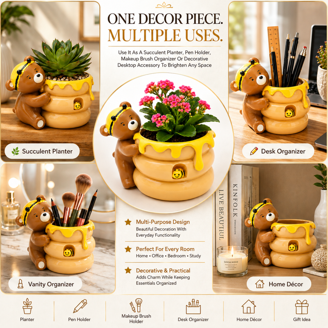 Animal Fruit Harvest Flower Pot Bunny Carrot and Bear Honey Bee Set Polyresin Cute Animal Succulent Planters Decorative Tree Trunk and Honey Pot Vase Desk Flower Pot Pen Pencil Holder Propagator Kit Indoor Outdoor Home Garden Decor