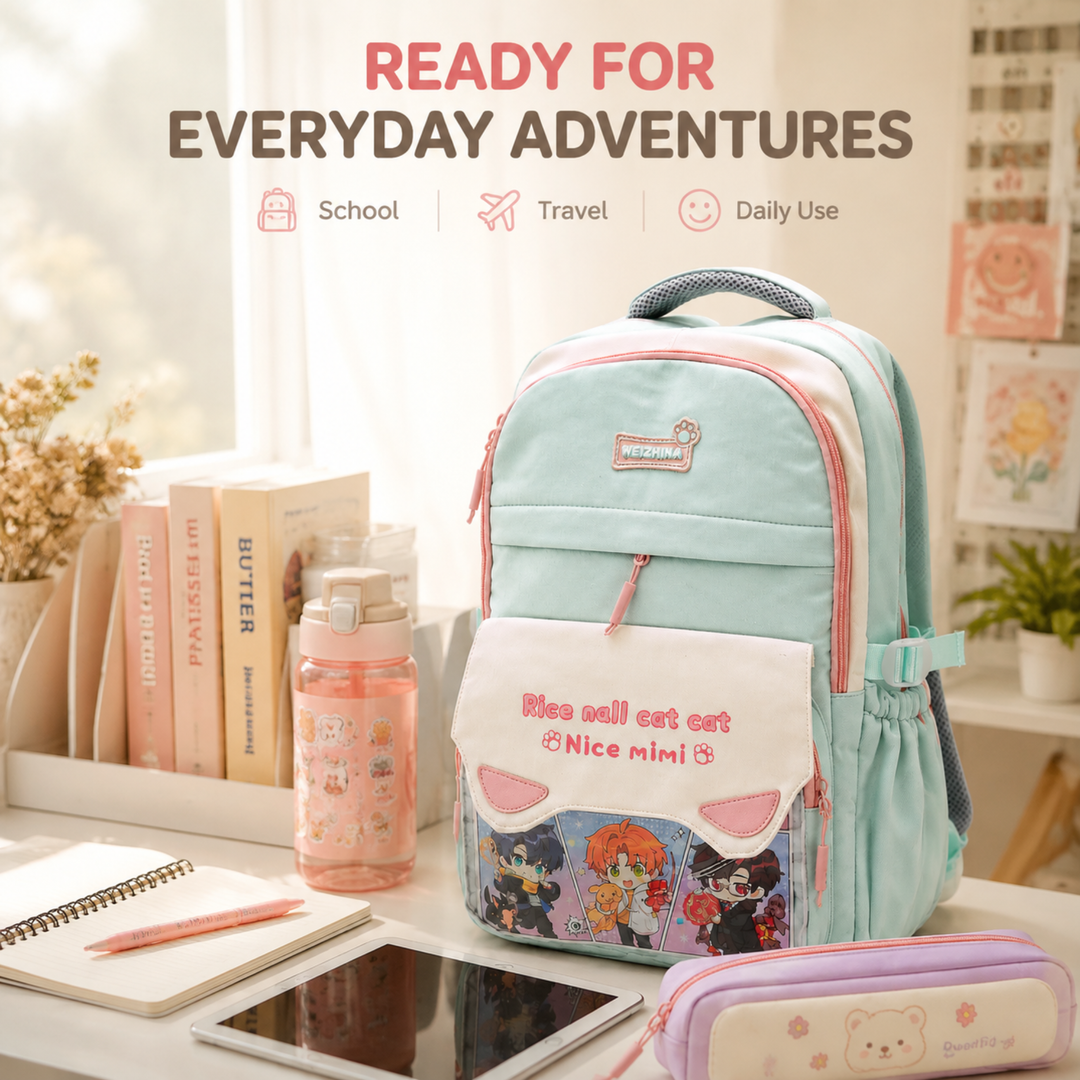 Mimi Meow School Backpack, Cute Cat Water-Resistant Student Backpack with Front Pocket, Lightweight Large Capacity School Bag with Side Bottle Pockets for School & Travel