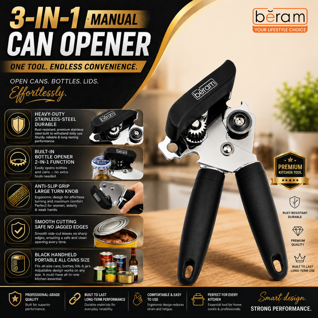 BERAM Manual Can Opener – Heavy-Duty Stainless-Steel Handheld Multi-Opener with Built-In Bottle Opener – Anti-Slip Grip, Large Turn Knob, Black