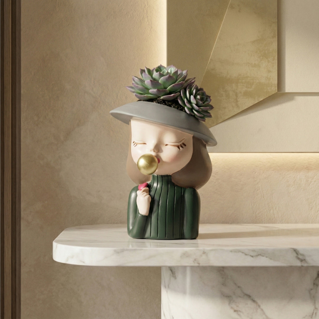 Charming Figurine Set Green Pink Grey Polyresin Decorative Flower Vase Cute Girl Succulent Pot Modern Indoor Home Office Table Decor Propagator Kit Gift Set