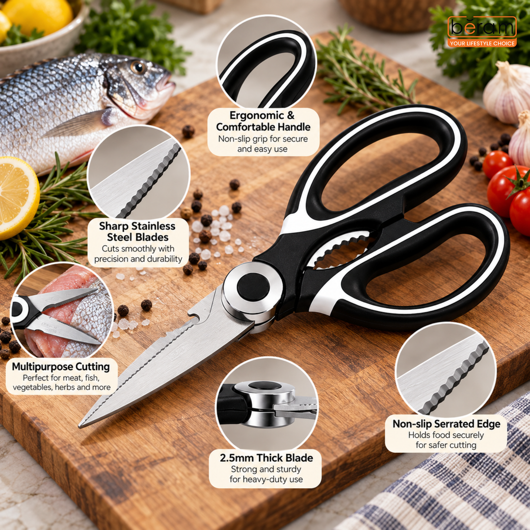 BERAM Multipurpose Kitchen Shears with Nutcracker and Can Opener Heavy Duty 2CR13 Stainless Steel Blades Sharp Rustproof Scissors for Cooking and Household Use