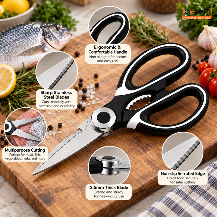 BERAM Multipurpose Kitchen Shears with Nutcracker and Can Opener Heavy Duty 2CR13 Stainless Steel Blades Sharp Rustproof Scissors for Cooking and Household Use