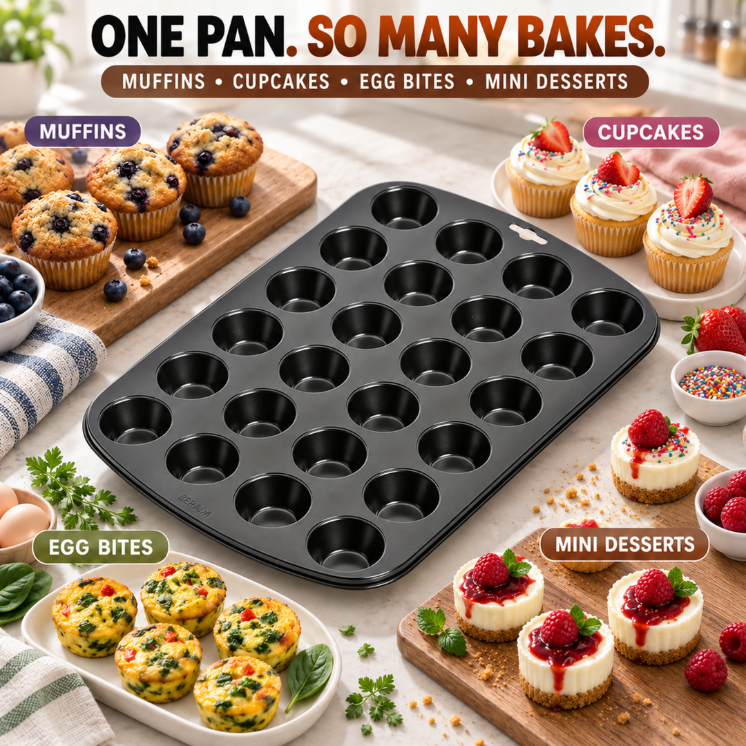 Beram Mini 24 Cupcake Tray Non Stick Carbon Steel Muffin Pan Heavy Duty Oven Safe Bakeware Baking Tray for Cupcakes Muffins Brownies Cookies Pastry Tarts Desserts BPA Free Kitchen Baking Pan